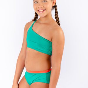 Biquíni Infantil Um Ombro Só Proteção UV 50+ Verde com Cós Laranja - Salamina Kids